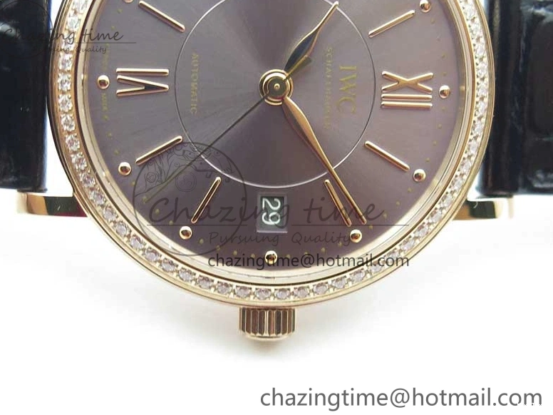 MIROTIME 1218 Durable Portofino 37mm RG V7F 1:1 Best Edition Gray Dial Diamonds Bezel on Black Leather Strap A 7089